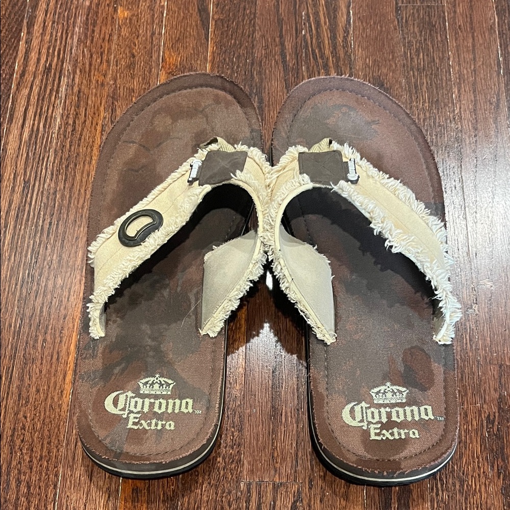 Corona Men's Beige and Brown Frayed-Trim Flip Flops - Picture 2 of 3